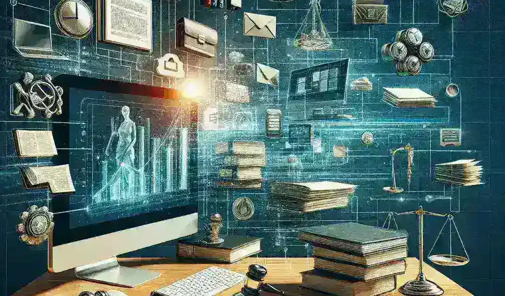 "Illustration of a modern legal software interface showcasing streamlined case file management features, highlighting tools for organizing documents, tracking deadlines, and improving collaboration for legal professionals."