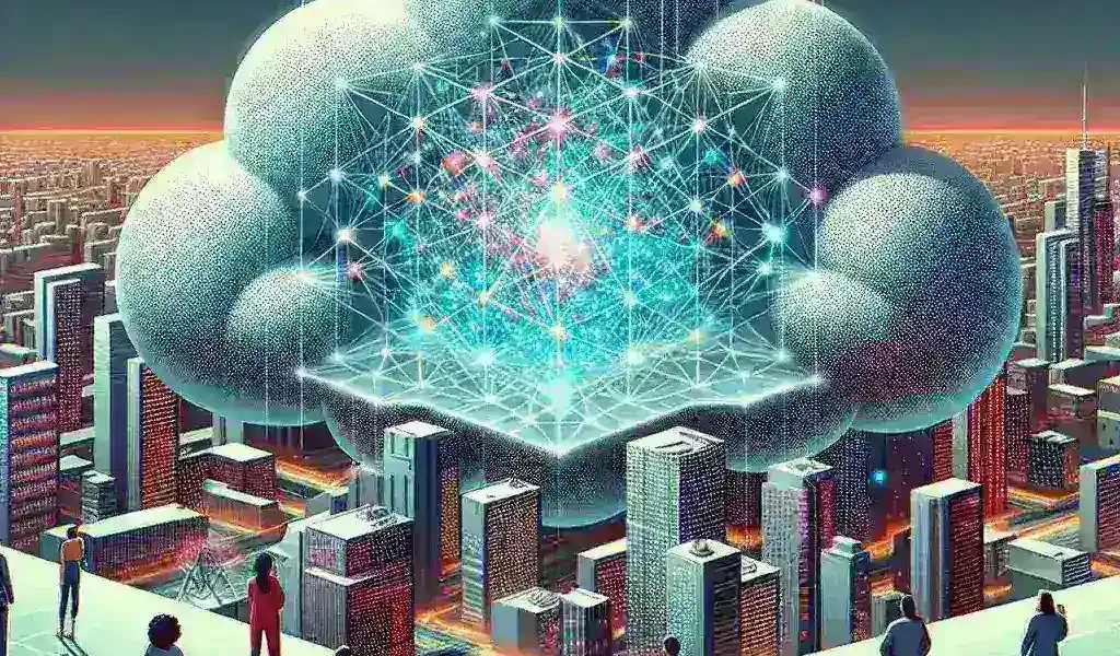 "Illustration showing a complex quantum computing network cloud infrastructure, highlighting unresolved deployment issues in quantum technology as discussed in the article 'What Quantum Cloud Deployment Issues Remain Unresolved.'"