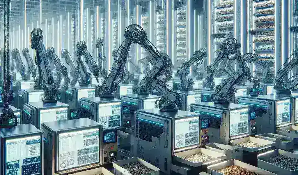 "AI-powered robotics in a modern automated seed bank facility designed for biodiversity preservation, showcasing advanced technology and sustainable agriculture practices."