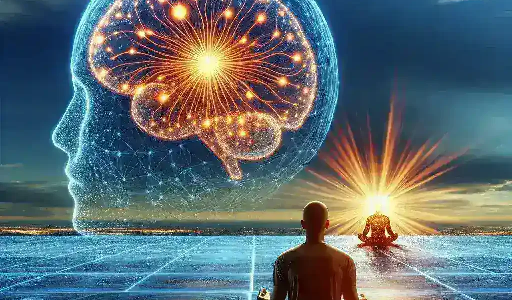 "Illustration of a person using mental health tracking software on a smartphone, surrounded by calming visuals, symbolizing the benefits of technology in monitoring mental well-being."